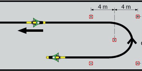 Bezpečné otočení o 180° projetím zatáčky tvaru „U“ rychlostí cca 4 km.h-1 | Příloha č. 7 k vyhlášce č. 167/2002 Sb.